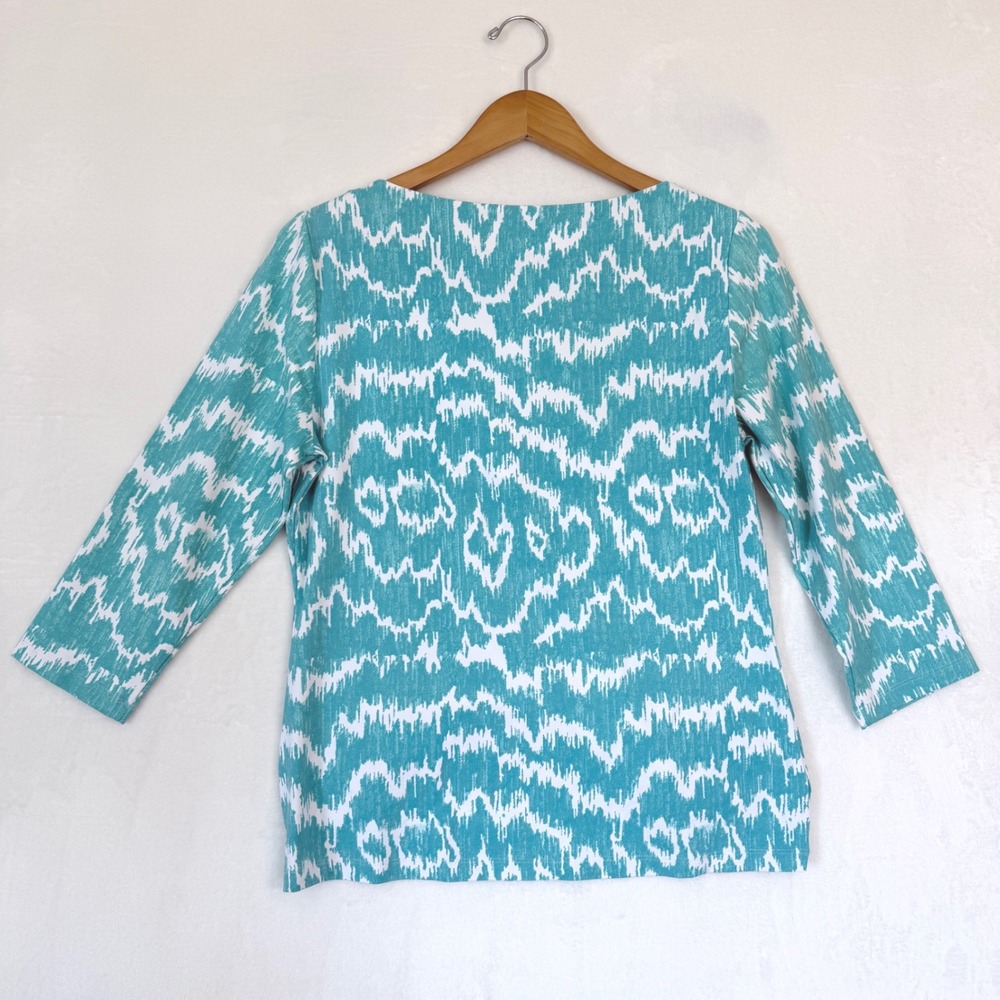 J McLaughlin Teal White Ikat Print Boat Neck 3/4 Sleeve Top Women's Large‎ - Picture 5 of 7